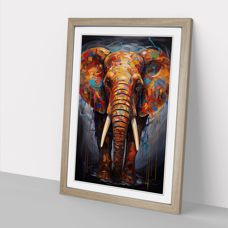 Elephant Modern - Single Picture Frame Print on Wood, Oak Framed, 64cm H x 46cm W