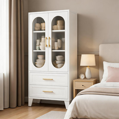 Armoire de rangement en métal, armoire de rangement en métal blanc avec tablettes réglables et portes et tiroirs en verre, pour la cuisine, la buanderie, le salon, la salle de bain, la salle à manger, la salle à outils