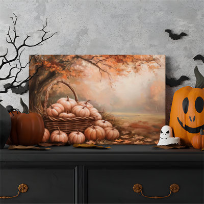 Tableau encadré sur toile (1 pièce), motif panier de citrouilles, idéal pour décorer salon, chambre, bureau, salle de bain, dortoir ou toute autre pièce. Prêt à accrocher.