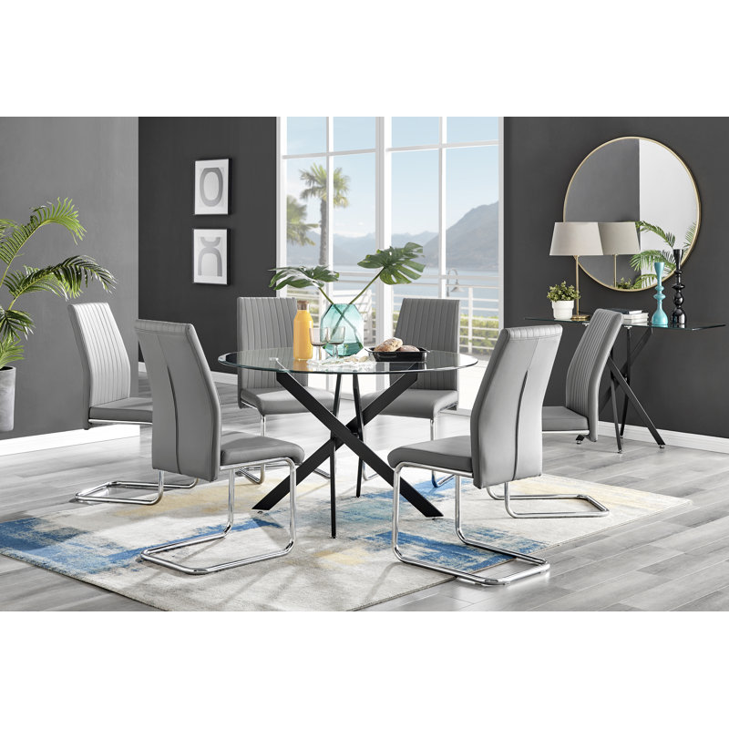 Tierra Modern Chrome Metal & Glass Round Dining Table Set with 6 Upholstered Faux Leather Chairs, Grey