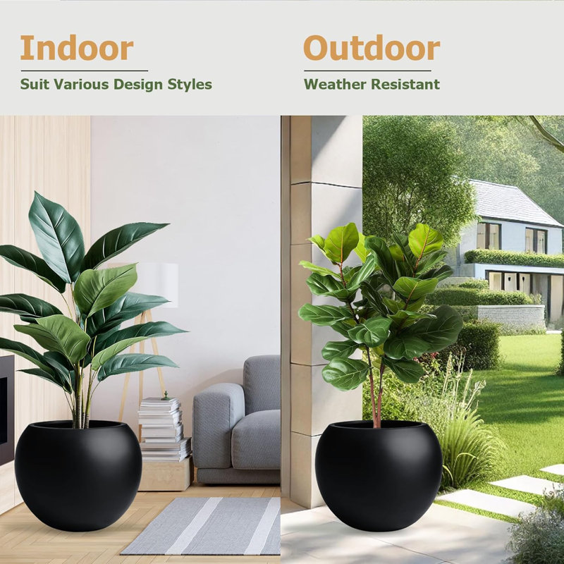 Kute Nest Indoor/Outdoor Fiberstone Globo Ball Planter - Tricorn Black 12"D (Opening 7.8"), Black, 9.7" H x 12" W x 12" D