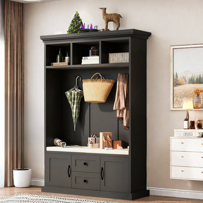 Ehrenfried  Hall Tree With Coat Rack, Storage Bench, 2 Drawers, 2 Cabinets And 3 Open Shelves, Black