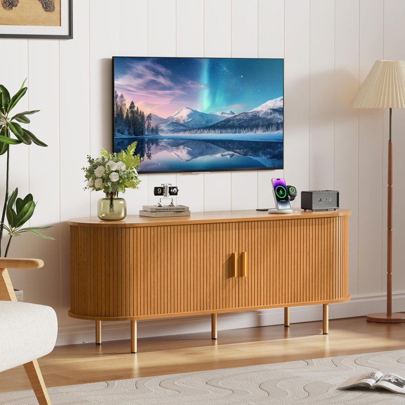 55.1'' Wooden TV Stand For Tvs Up To 60 Inch, Entertainment Center, Console Cabinet With Power Outlet And Ample Storage Place(Yellow Walnut)