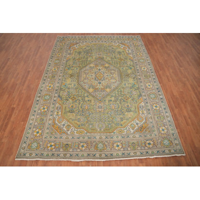 Tapis vert en laine à motif géométrique traditionnel 8 x 11
