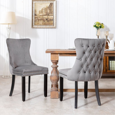 Upholstered Wing-Back Dining Chair With Backstitching Nailhead Trim And Solid Wood Legs,Set Of 2