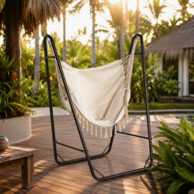 Bohemian Steel U Shape Hanging Hammock Swing Chair With Tassel Fringe Cotton Seat Side Pocket And Stable Powder Coated Steel Stand Brown Cream White 51.2 Inch Wide For Patio Garden Outdoor Space