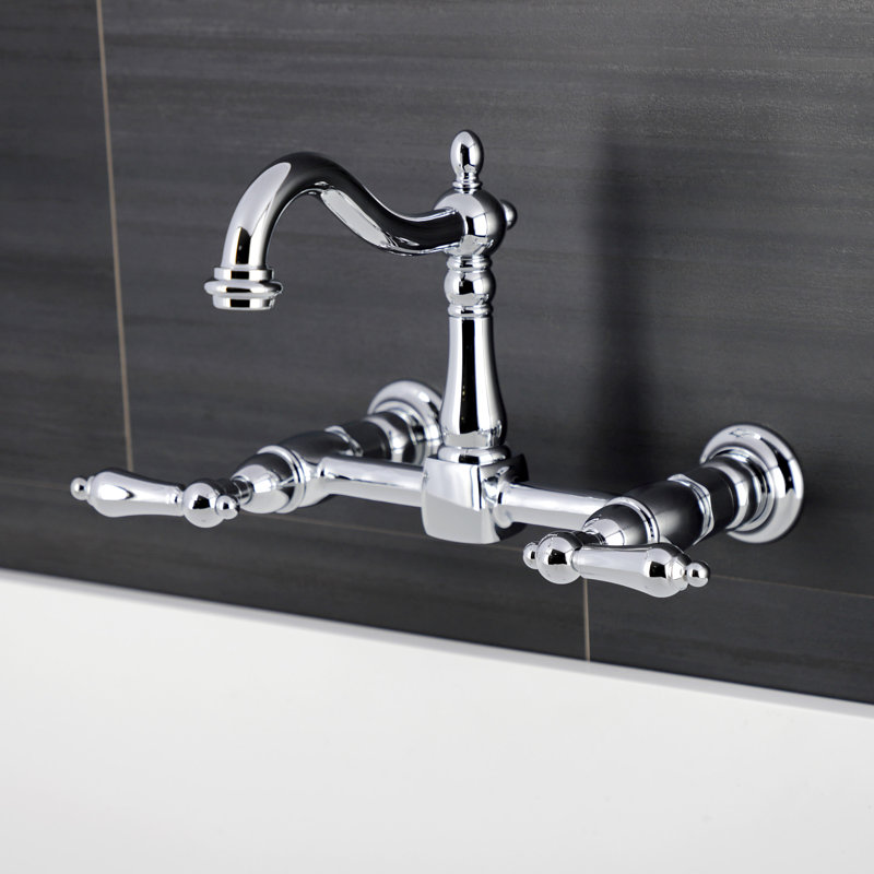 Kingston Brass Heritage Double-Handle 2-Hole Wall-Mount Bridge Kitchen Faucet, Polished Chrome