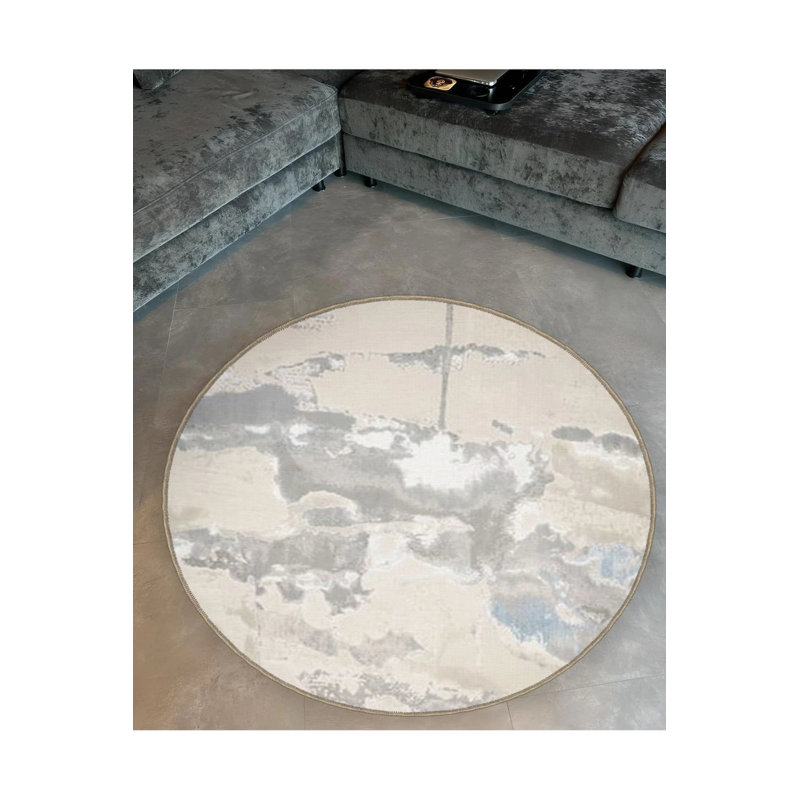 Tapis décoratif moderne avec base tissée à motifs abstraits dans des tons beiges, Rond 4 pi