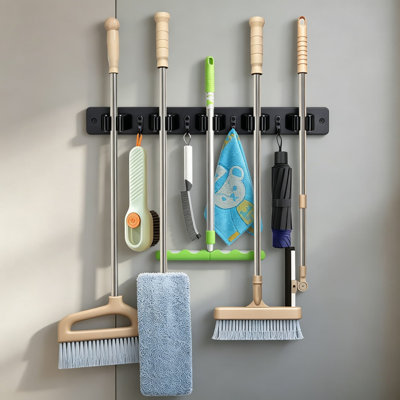 Wall Mounted Broom And Mop Holder With 5 Slots And 4 Hooks - Rustic Wood Tool Storage Organizer Rack For Garage, Closet, Laundry Room, And Kitchen
