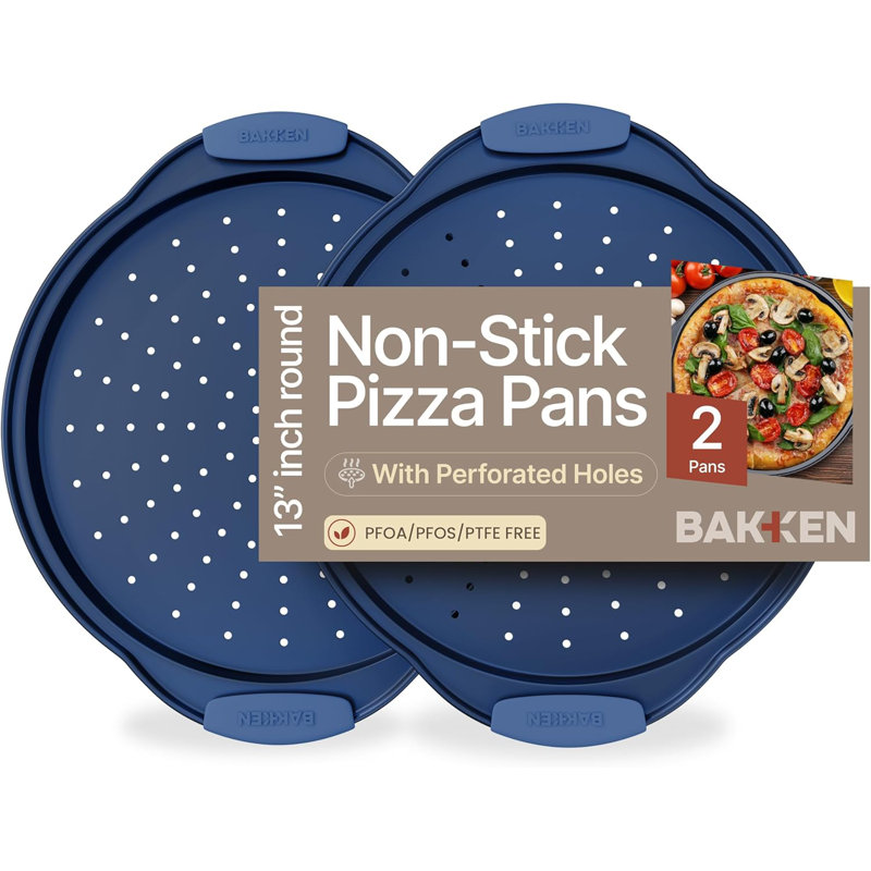 Plat à pizza Bakken - Acier au carbone perforé rond avec revêtement antiadhésif en marbre, poignée en silicone, lavable au lave-vaisselle, bleu, paquet de 2