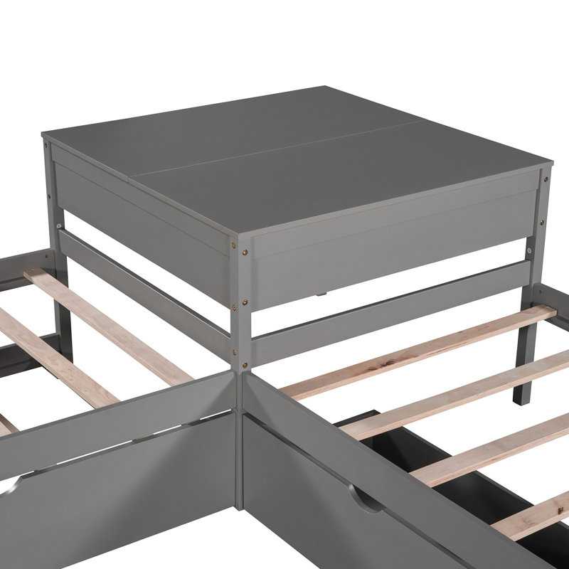 Lit plateforme en L avec lit gigogne et bureau, simple, gris