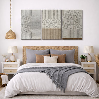 «Mid Century Modern Boho», motif géométrique de lignes géométriques abstraites, images neutres douillettes abstraites, ensemble de 3 impressions encadrées, impression numérique sur toile, impression numérique sur toile