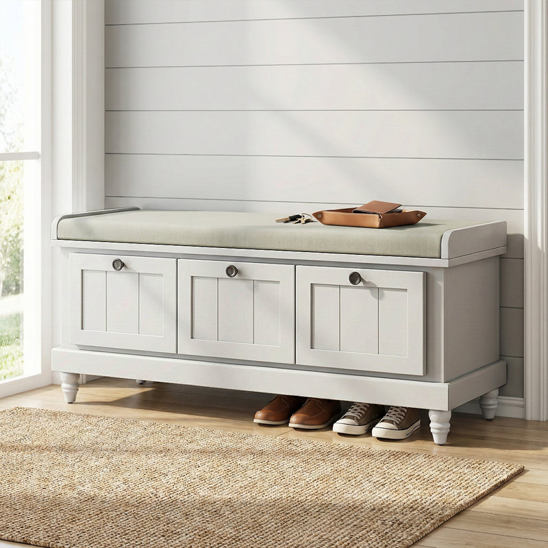 Rustic Shoe Storage Bench With Cushioned Seat - 3 Drawers & Hidden Storage For Home Organization, Gray