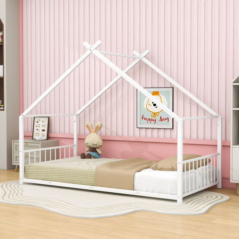 Charming House-Inspired Metal House Bed With Slats, Twin, White