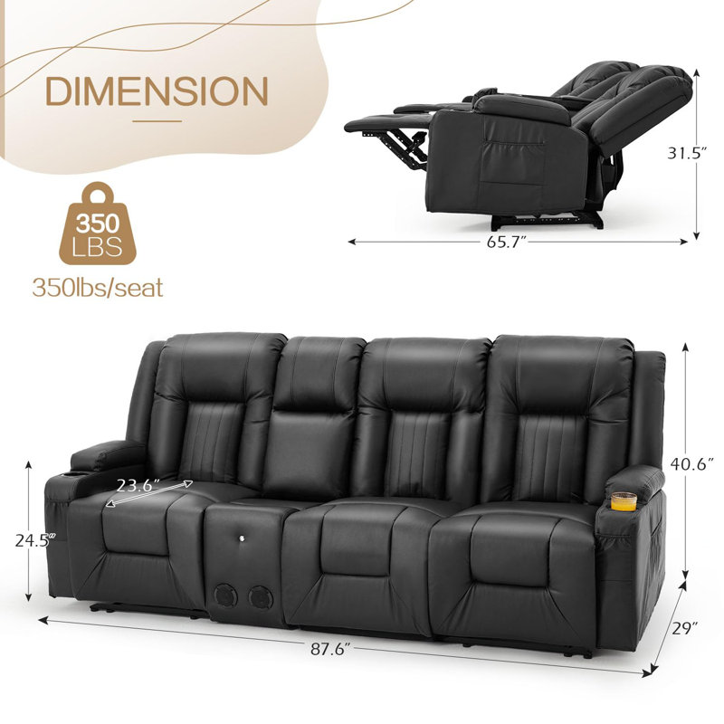 Canapé inclinable avec console et haut-parleurs Bluetooth, canapé inclinable manuel, Noir, noir, noir, noir