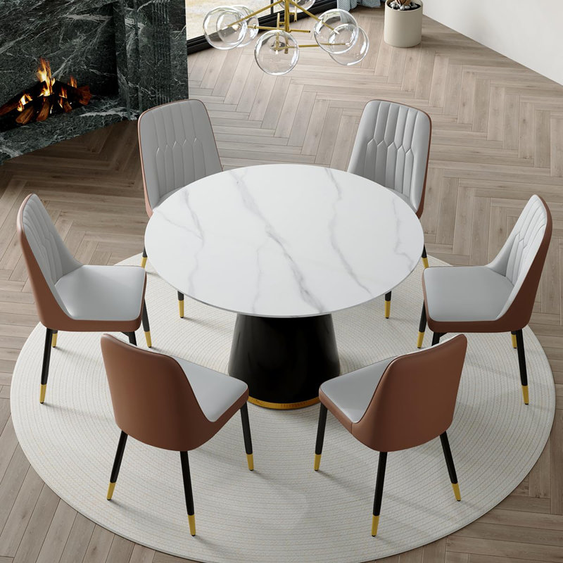 Marble Look Dining Room Table Set With Chairs – Elegant, Durable, Easy To Maintain, Brown/Gray, 7 Pieces: Table, 6 Chairs