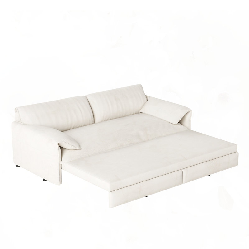 66" Queen Pull Out Sofa Bed, 36" H x 66" W x 33.5" D, Beige White Velvet