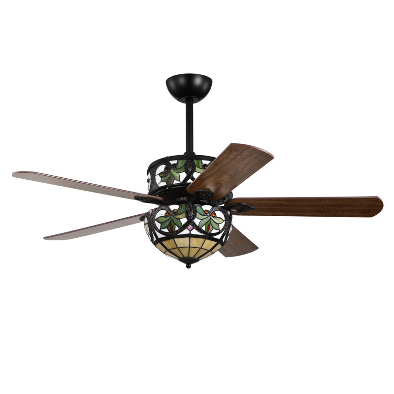 Ventilateur de plafond lumineux à 5 pales Temid à 2 niveaux en verre de style Tiffany