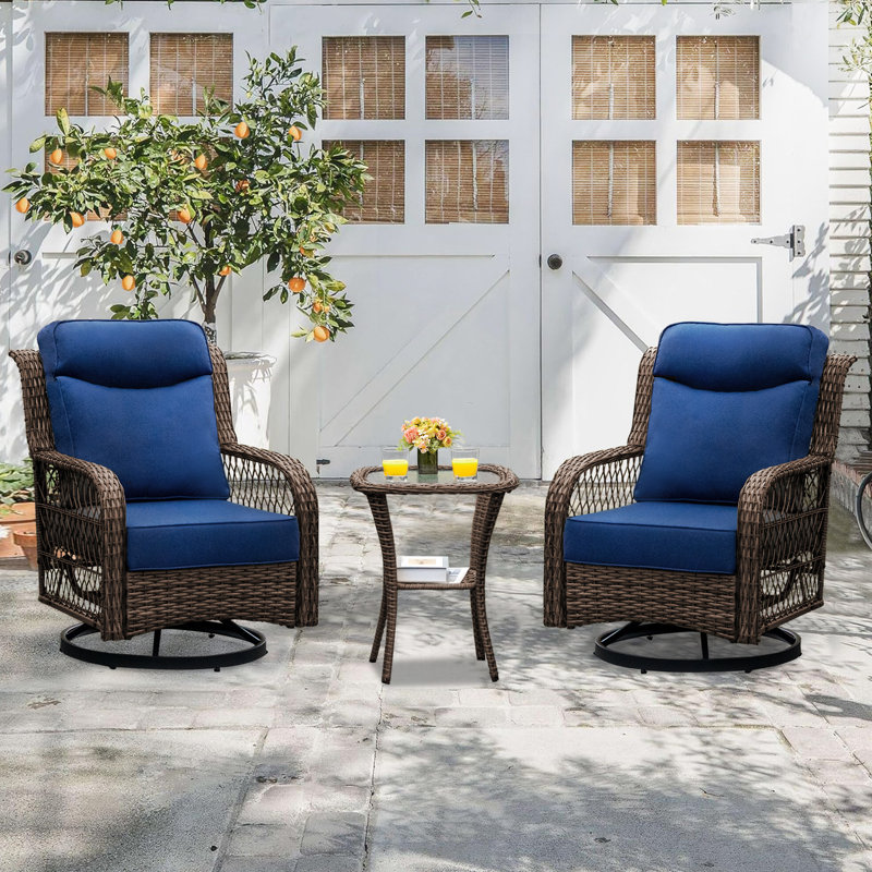 Abinsa 3 Pieces Patio Furniture Conversation Set Outdoor Swivel Rocking Chair Set, Blue, Brown