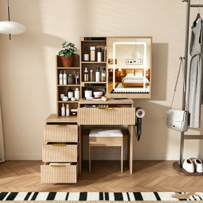 Modern Walnut Vanity Desk with 3 Modes LED Lighting & Adjustable Brightness, 4 Drawers & Open Storage Shelves, Hair Dryer Holder & Power Socket, Included Dressing Chair