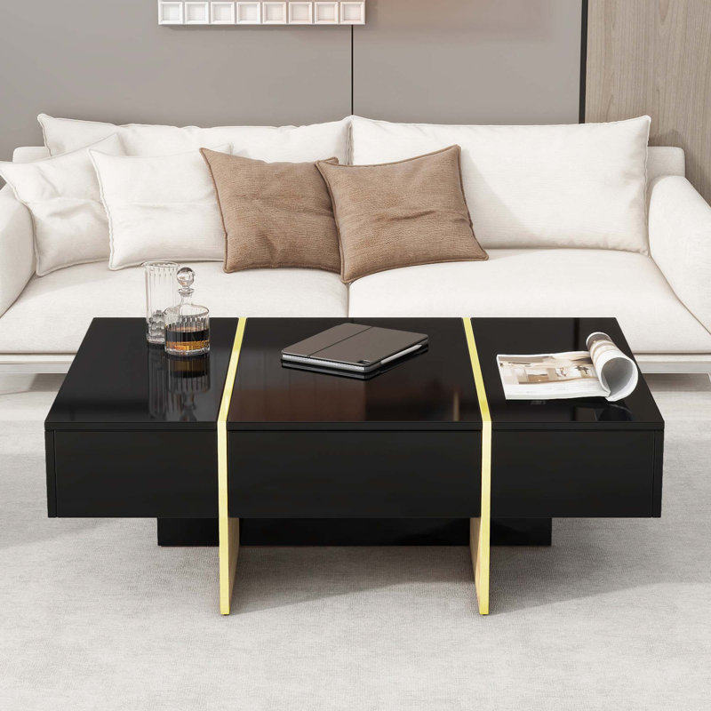 Table basse minimaliste ultra brillante avec 2 tiroirs, table de canapé rectangulaire à plusieurs rangements avec pieds en grain de bois doré, table centrale moderne pour le salon