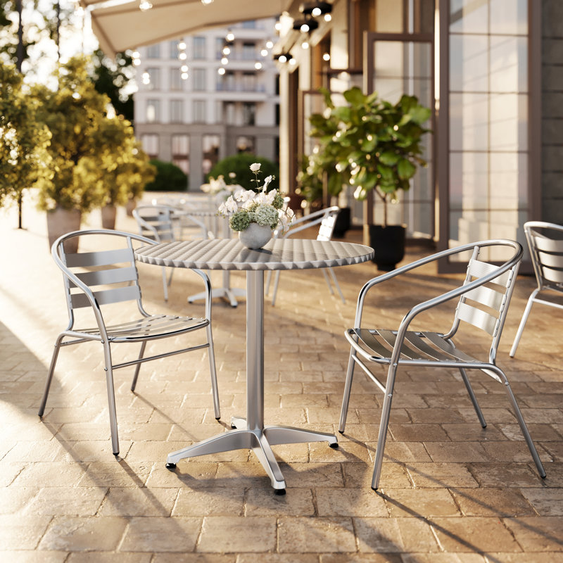 Moraal Round Aluminum Indoor-Outdoor Table Set with 2 Slat Back Chairs, 27.25" H x 31.5" W x 31.5" D, Silver