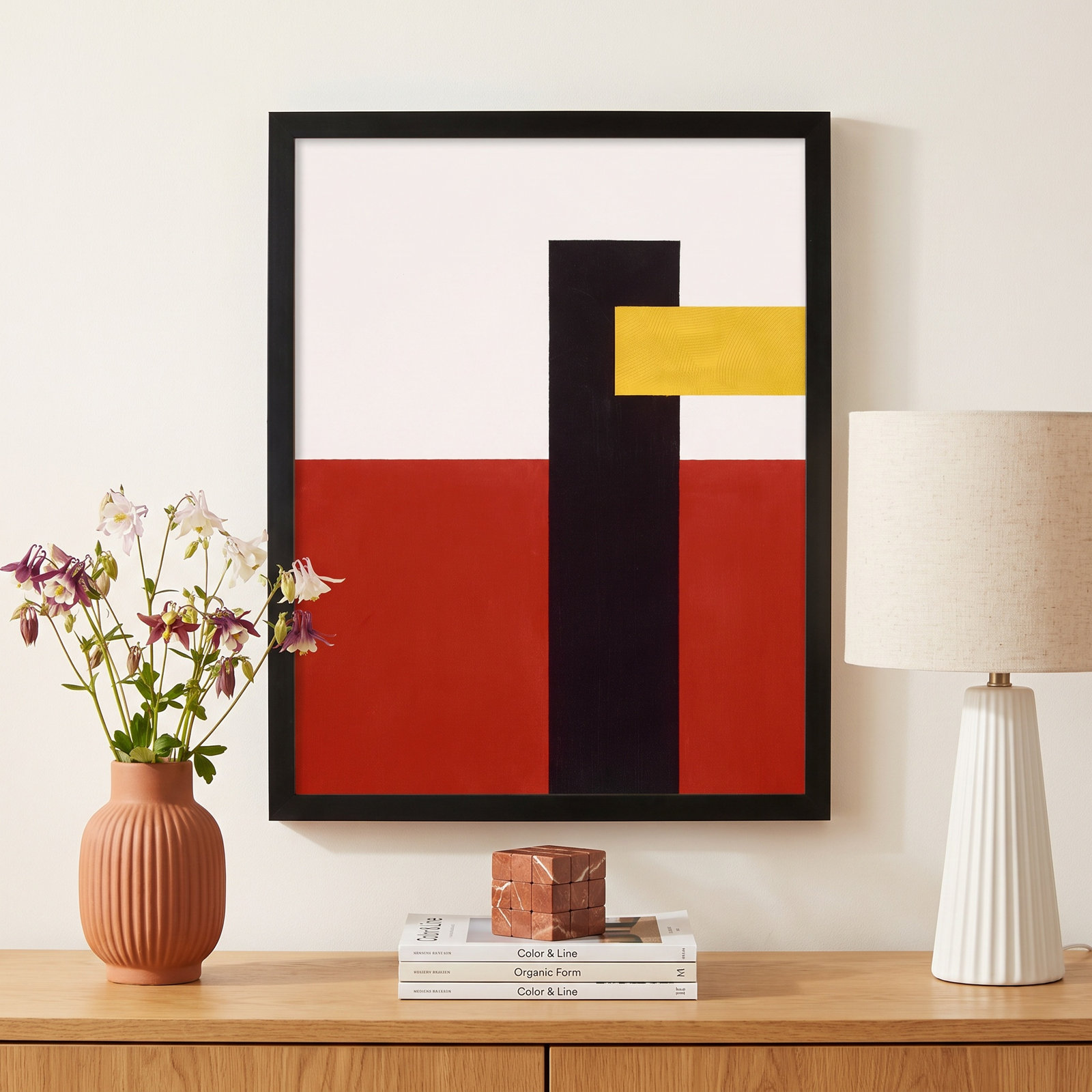 Composition With Yellow 4 by Robert Kamnatnik, 20" H x 16" W x 1.25" D, Black Framed Paper