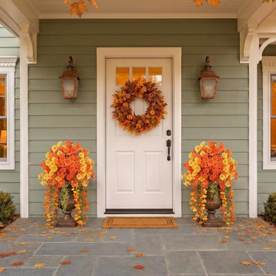 34 in. Orange and Yellow Artificial Flower Topiary Trees with Ground Stakes, Fall Porch Decor