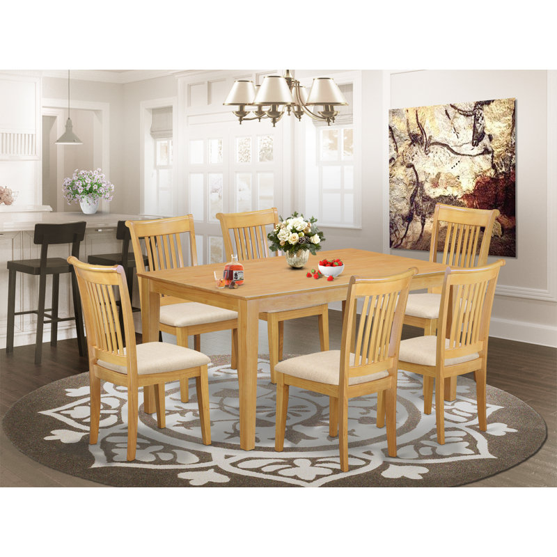 7 Piece Dining Set Consist of a Rectangle Dinner Table and 6 Linen Fabric Kitchen Dining Chairs, 36x60 Inch, Oak