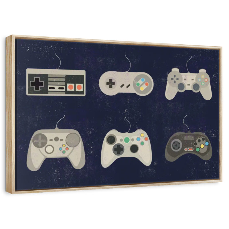 Video Game Controller Evolution, Floating Frame Natural Wood, 40" X 27"