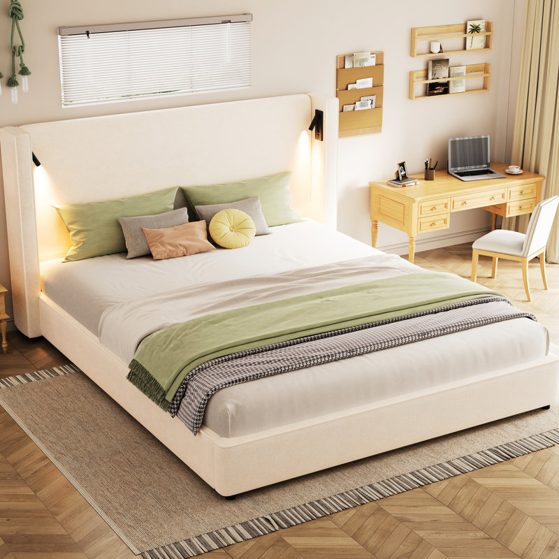 Upholstered King - Sized Beige Bed With High Wingback Headboard, Reading Lamp And , Comfortable Foam, Wood Support, Quick Setup For Bedroom Size, Frame, Beige, Wingback, Installation