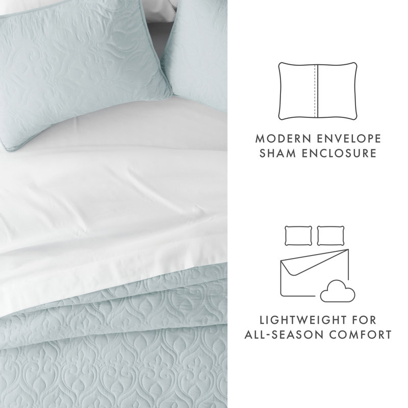 All Season Lightweight Soft Damask Quilt Set by Simply Soft, Pale Blue, King/Cal. King Coverlet + 2 King/Cal. King Shams