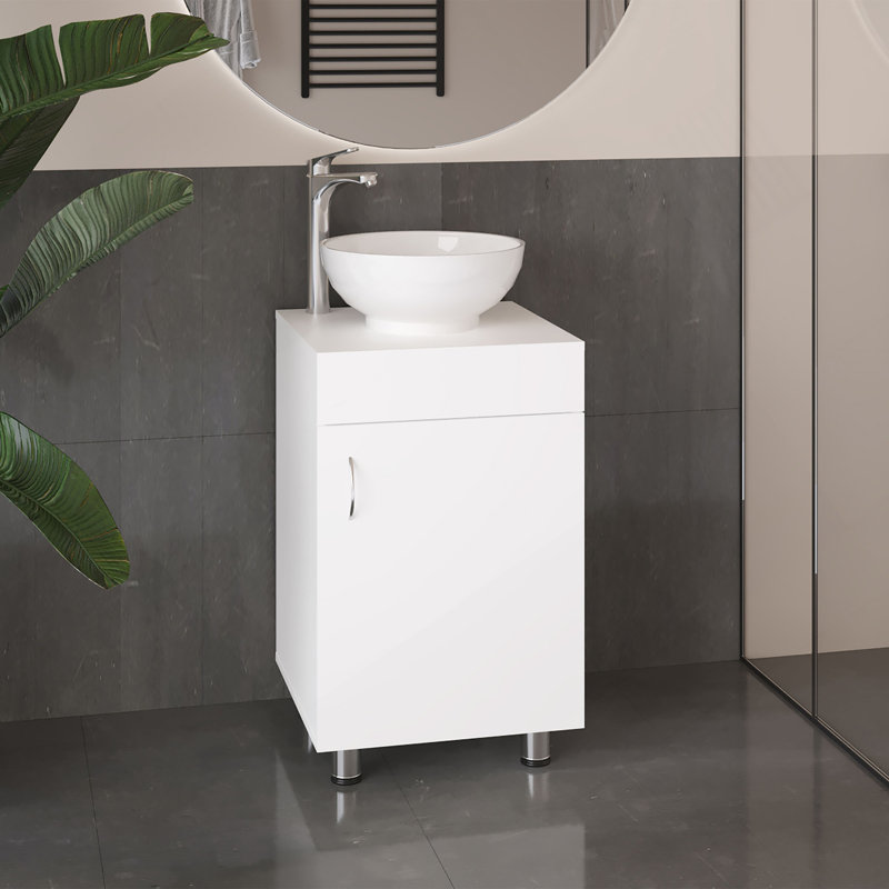 Meuble-lavabo de salle de bain avec lavabo, 1 porte, 4 pieds, Blanc