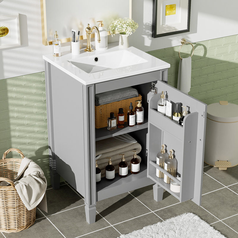 Meuble-lavabo autoportant gris de 20 po avec lavabo en céramique, porte à fermeture en douceur et tablettes doubles pour petites rangements avec poignées en alliage de zinc, échelle compacte en forme de U pour portes
