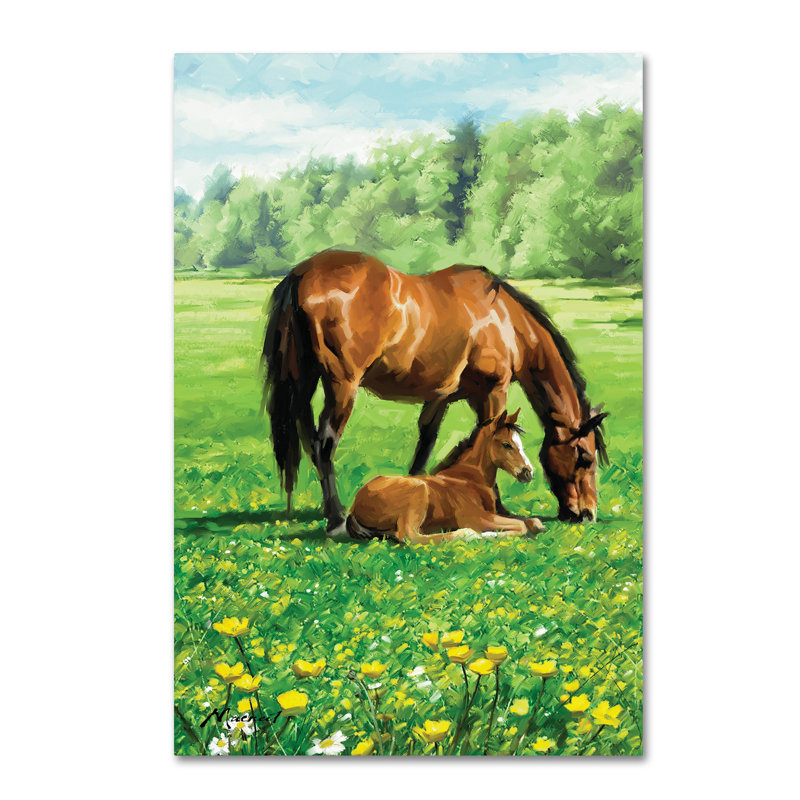 Large Green and Brown Canvas Art with Horses in Field