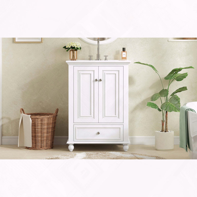 Meuble-lavabo de salle de bain avec lavabo en céramique à portes à fermeture douce et tiroir divisé, Blanc