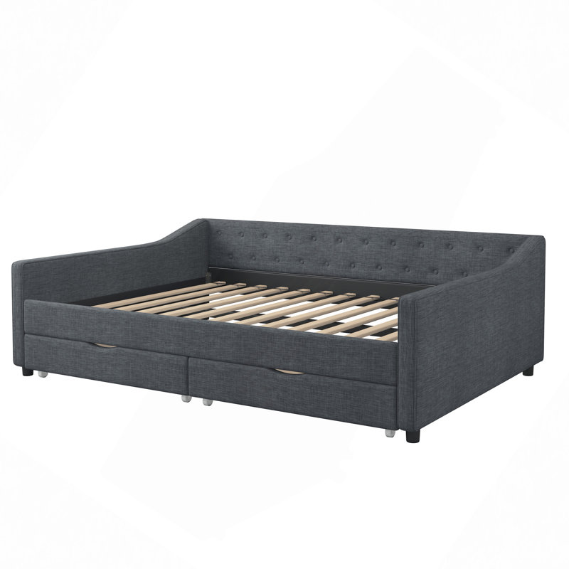 Daybed With Drawers Upholstered Tufted Sofa Bed, With Button On Back And Piping On Waved Shape Arms, Full/Double, Dark Gray