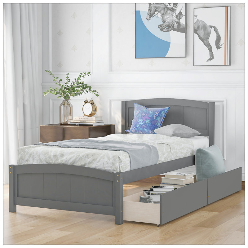Lit plateforme simple avec deux tiroirs, gris