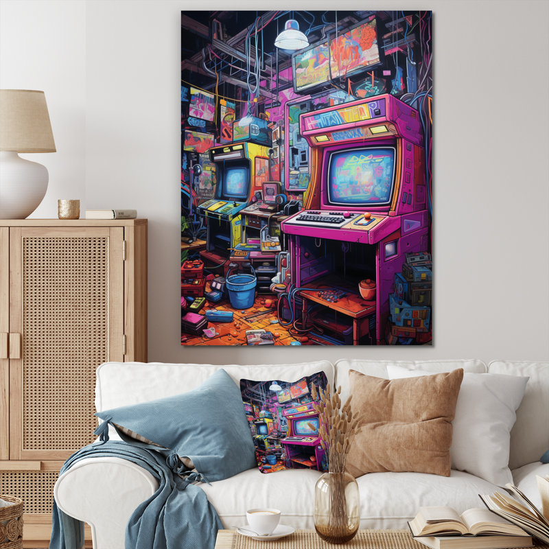 Jeu vidéo mauve bleu rétro, Toile tendue, H 44 po x l 34 po x P 1,5 po
