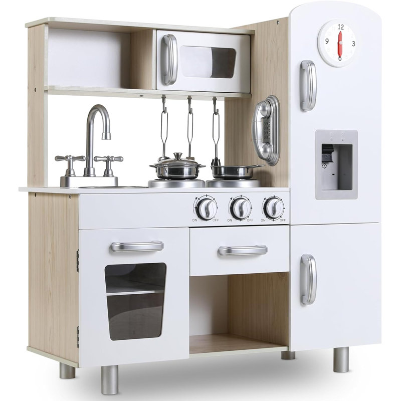 Viken Children's Wooden Kitchen, Toy Kitchen For Children, 81x74x30 Cm Play Kitchen, Comes With Simulated Light And Sound Effects, Doll's Kitchen With Kitchen Accessories, Ideal For Children Aged Three And Over, White Kitchen Set