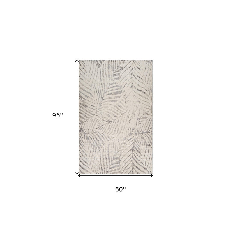 Tapis gris et crème 5 pi x 8 pi à feuilles botaniques