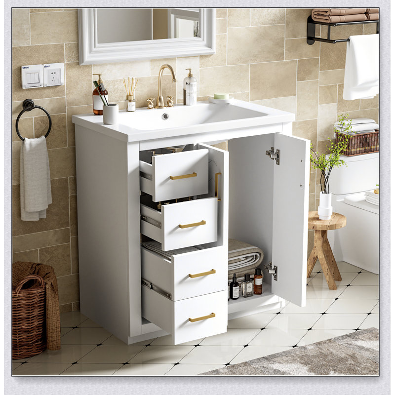 Ensemble de meuble-lavabo 30 po avec lavabo en céramique, armoire de rangement en bois massif, ensemble de meuble-lavabo autoportant avec 3 tiroirs et portes à fermeture douce