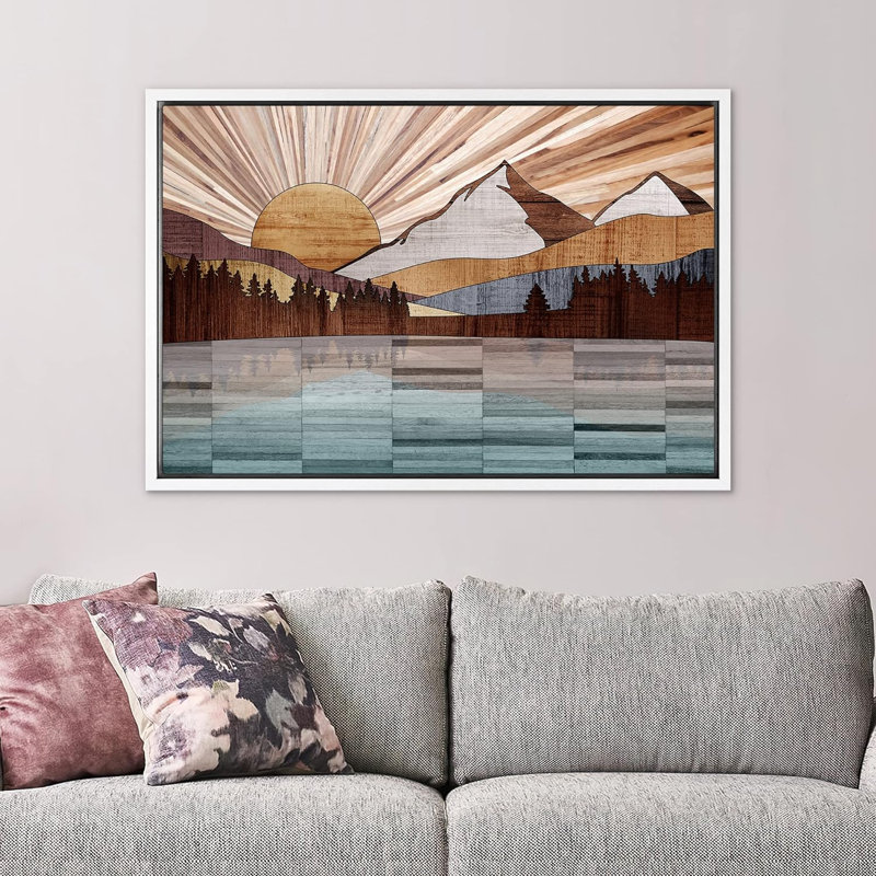 Western Wood Effect Landscape " Western Decor Wood Effect Panel Mountain Range Forest Lake Nature Artwork Digital Art Modern Zen "