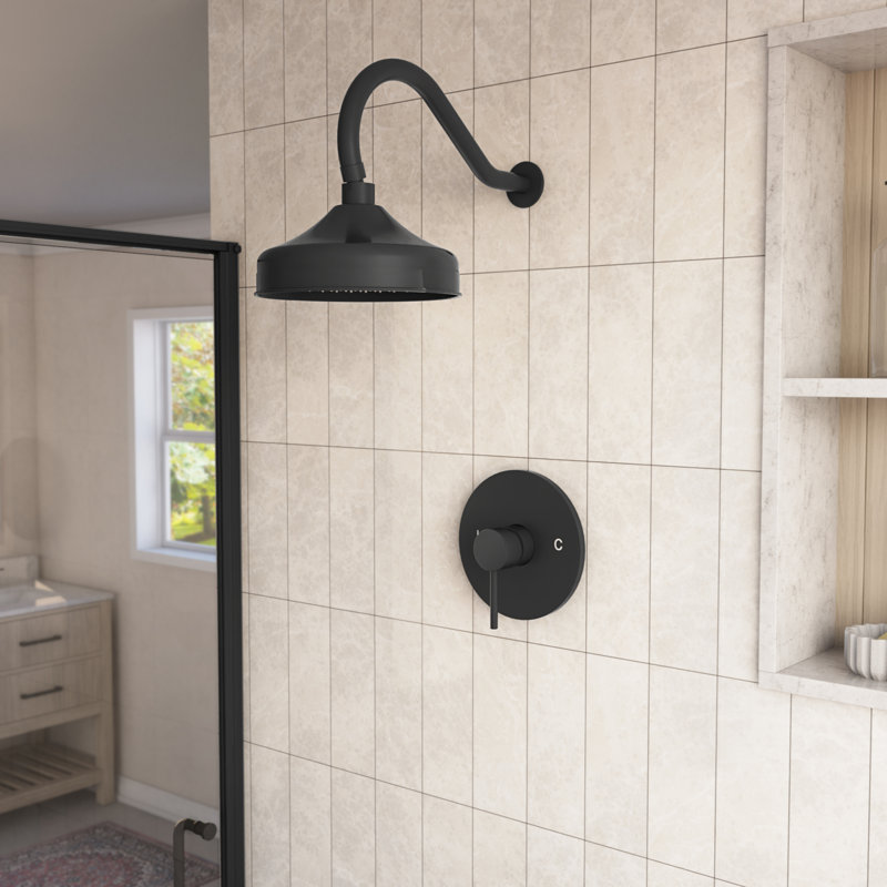Ensemble de douche à pluie avec pomme de douche ronde et valve ronde Elegance, noir mat, Noir mat