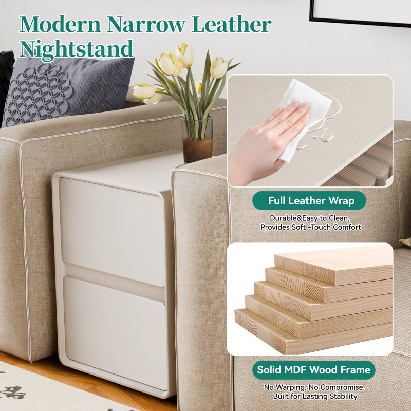 15.8" Wide Fully-Assembled Faux Leather Narrow Nightstand, White