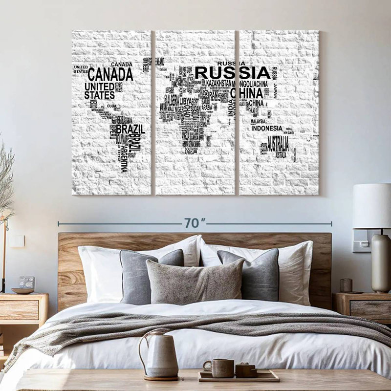 " Brick Typography Map " 3 - Pieces, 42" H x 65" W x 1.25" D