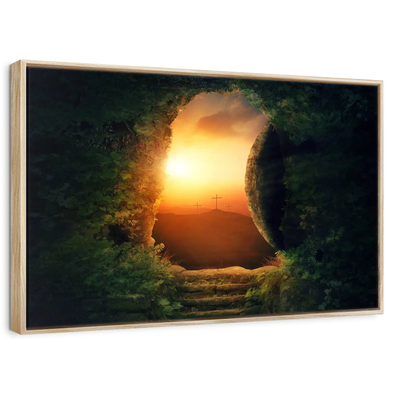 Tombe du Christ, 46 po x 31 po, Cadre flottant en bois naturel