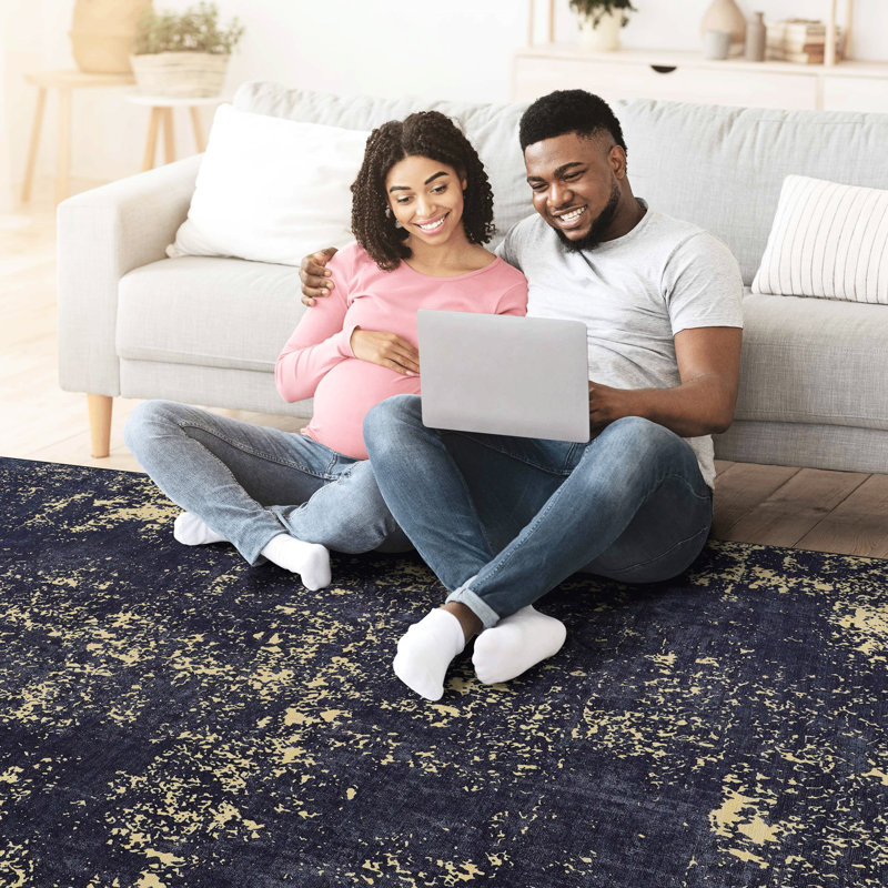 Machine Washable Rug 6X9, Non-Slip, . Ideal For Bedroom, Living Room, Kitchen. & Pet Approved. Black + Gold 6X9 Area Rugs, Washable, Non-Slip. And Practical Dining Room. .