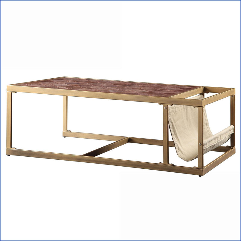 Table basse rétro en cuir fleur brun rétro - Porte-revues, facile à assembler pour le salon