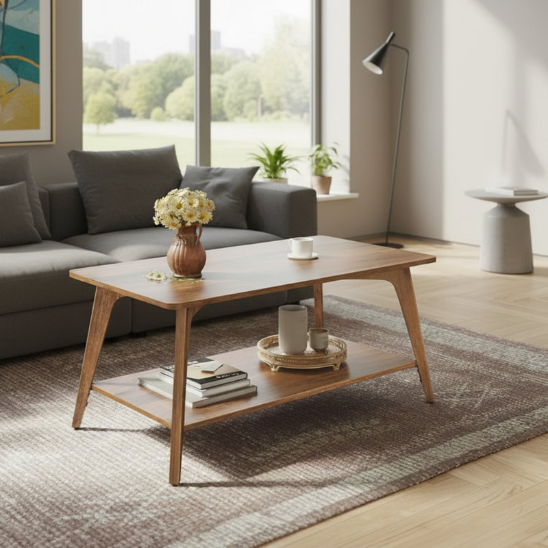 Table basse de rangement gris anthracite à double couche, avec des pieds fuselés et une transition incurvée, facile à installer et à utiliser, idéale pour les salons.